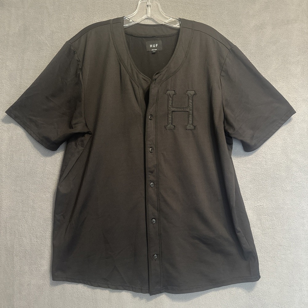 Huf Worldwide Collection Baseball Jersey  Button Up Mens Large Black Mesh Skater